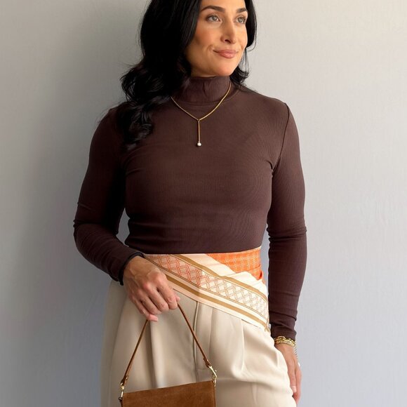 Women’s Ribbed Mock Neck Long-Sleeve Top – Brown - Picture 2 of 8